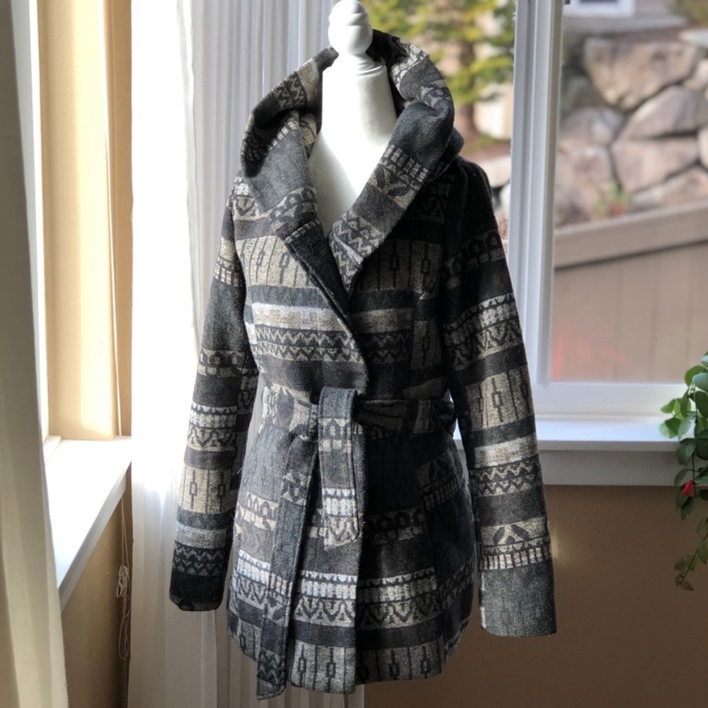 Mossimo Supply Co. aztec patterned wrap style tapered button up cozy pea coat - Picture 1 of 16